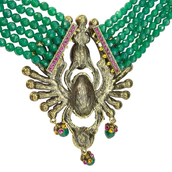 Heidi Daus Far Cry From Shy 6 Strand Green & Coral Bead Crystal Scarab Necklace - Picture 9 of 12